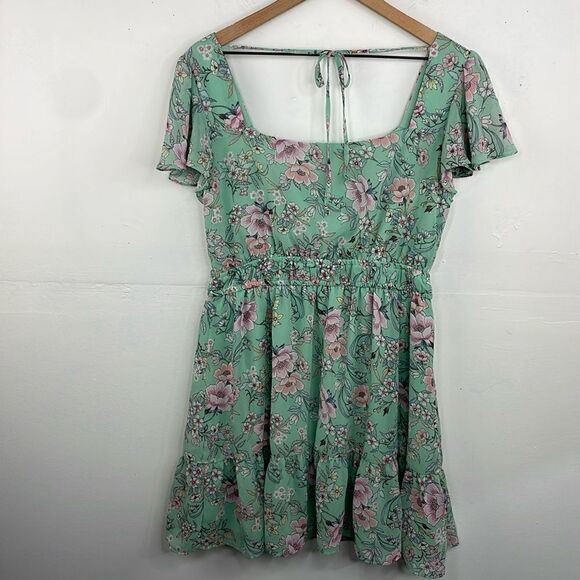 Lily Rose Seafoam Green Floral Short Sleeve Scoop Neck Mini Length Dress Size XL - Picture 1 of 14